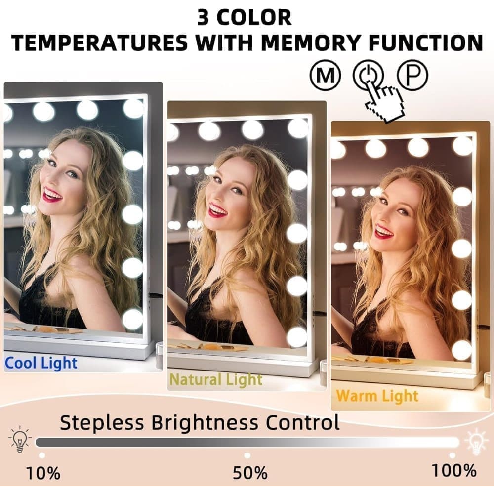 Fenchilin Hollywood Mirror Makeup Mirror with Dimmable Three Light Modes, Tabletop and Wall Mount, White, 58 x 46cm