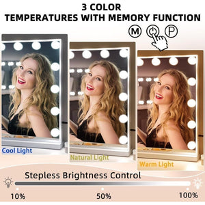 Fenchilin Hollywood Mirror Makeup Mirror with Dimmable Three Light Modes, Tabletop and Wall Mount, White, 58 x 46cm