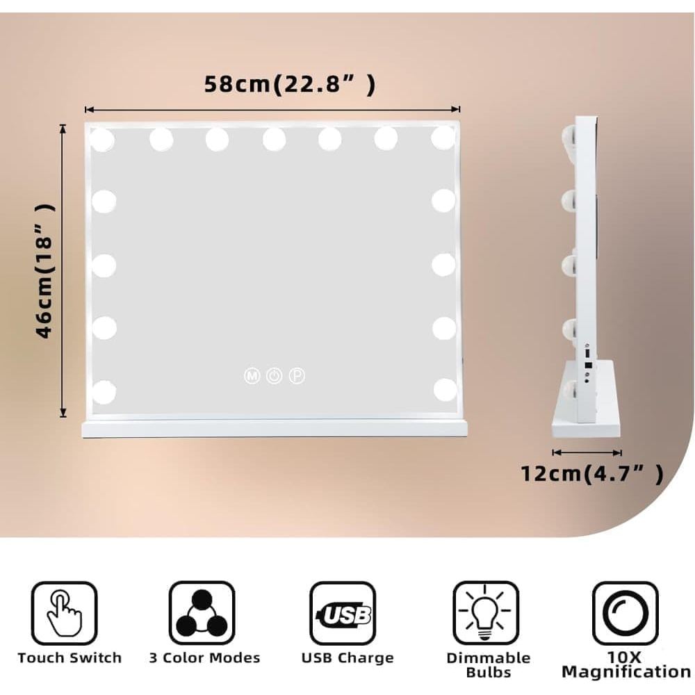 Fenchilin Hollywood Mirror Makeup Mirror with Dimmable Three Light Modes, Tabletop and Wall Mount, White, 58 x 46cm