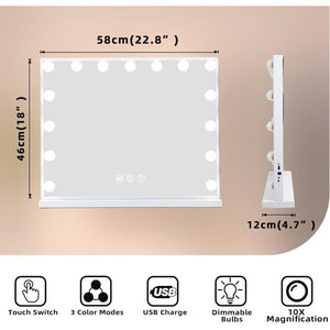 Fenchilin Hollywood Mirror Makeup Mirror with Dimmable Three Light Modes, Tabletop and Wall Mount, White, 58 x 46cm