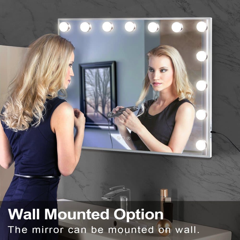Fenchilin Hollywood Mirror Makeup Mirror with Dimmable Three Light Modes, Tabletop and Wall Mount, White, 58 x 46cm