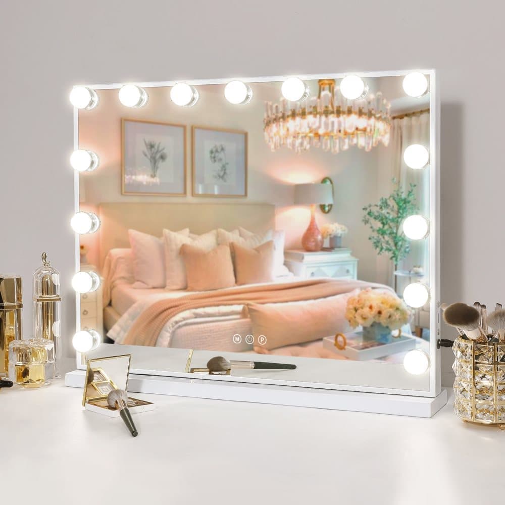 Fenchilin Hollywood Mirror Makeup Mirror with Dimmable Three Light Modes, Tabletop and Wall Mount, White, 58 x 46cm