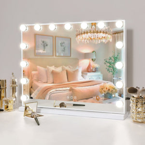 Fenchilin Hollywood Mirror Makeup Mirror with Dimmable Three Light Modes, Tabletop and Wall Mount, White, 58 x 46cm