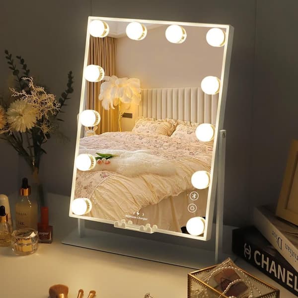 Fenchilin Hollywood Makeup Mirror with Lights, Bluetooth, Wireless Charging, White, 30 x 41 cm