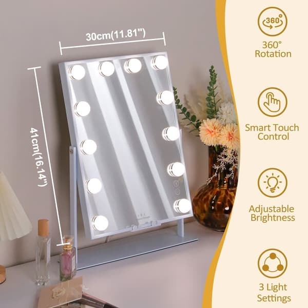 Fenchilin Hollywood Makeup Mirror with Lights, Bluetooth, Wireless Charging, White, 30 x 41 cm