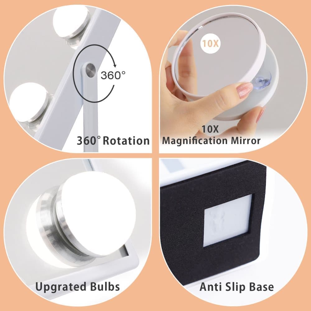 Fenchilin Hollywood Makeup Mirror with Light, Magnification, 360° Swivel, Table Top, White, 30 x 41 cm