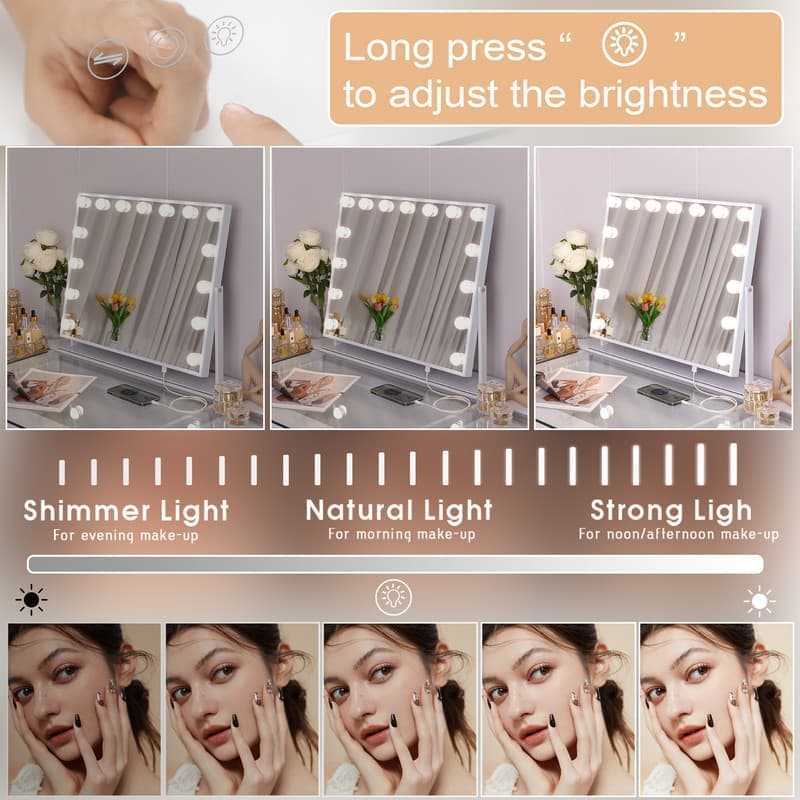 Fenchilin Hollywood makeup mirror with lights, 360° rotating tabletop and magnifying glass, white 65 x 49 cm