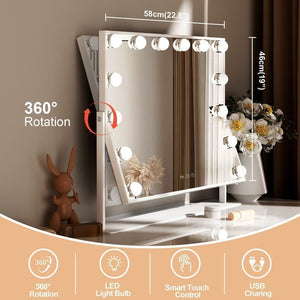 Fenchilin Hollywood makeup mirror with lights, 360° rotating tabletop and magnifying glass, white 65 x 49 cm