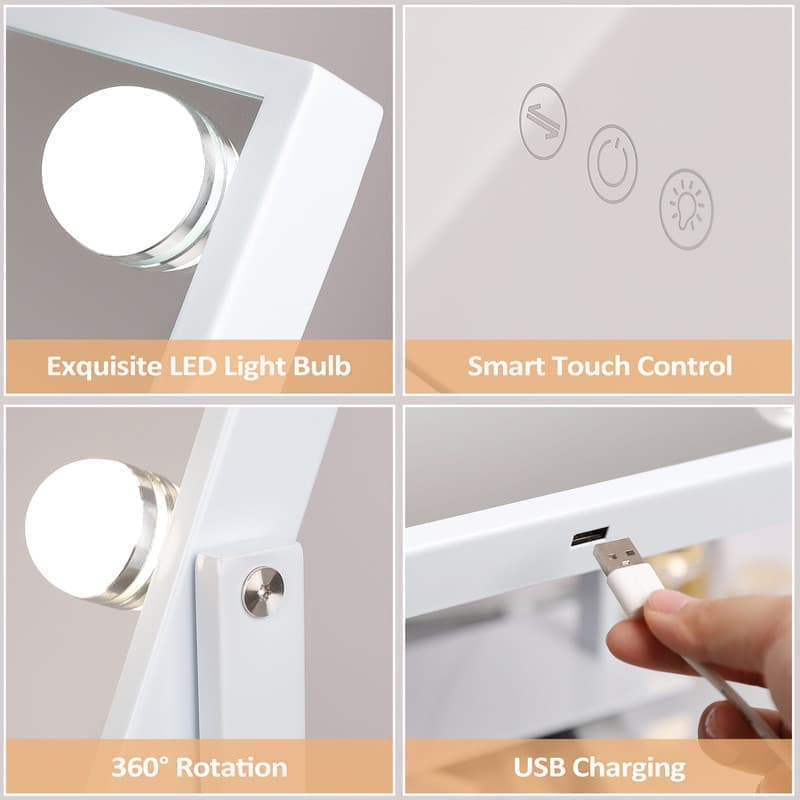 Fenchilin Hollywood makeup mirror with lights, 360° rotating tabletop and magnifying glass, white 65 x 49 cm