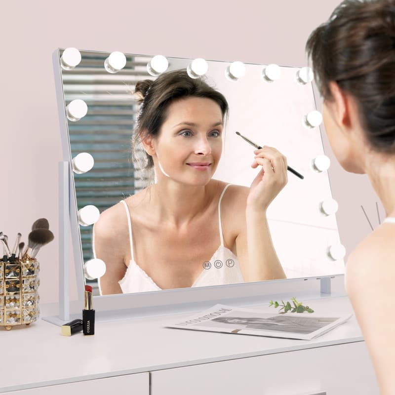 Fenchilin Hollywood makeup mirror with lights, 360° rotating tabletop and magnifying glass, white 65 x 49 cm