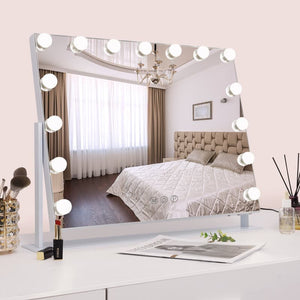 Fenchilin Hollywood makeup mirror with lights, 360° rotating tabletop and magnifying glass, white 65 x 49 cm