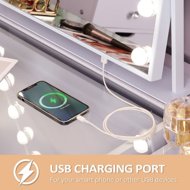 Fenchilin Hollywood makeup mirror with lights, 360° rotating tabletop and magnifying glass, white 65 x 49 cm