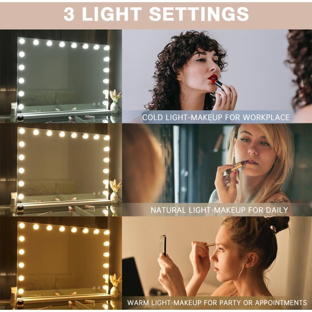 Fenchilin Large Hollywood Makeup Mirror with Lamps, Bluetooth Table Top, Wall Mount, White 80 x 58 cm