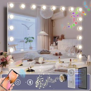 Fenchilin Large Hollywood Makeup Mirror with Lamps, Bluetooth Table Top, Wall Mount, White 80 x 58 cm