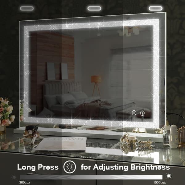 Fenchiliin Large Hollywood Makeup Mirror with Lights and Crystal Finish, White 80x58 cm