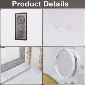 Fenchiliin Large Hollywood Makeup Mirror with Lights and Crystal Finish, White 80x58 cm