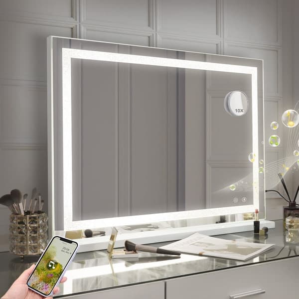 Fenchiliin Large Hollywood Makeup Mirror with Lights and Crystal Finish, White 80x58 cm