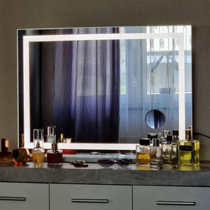 Fenchiliin Large Hollywood Makeup Mirror with Lights and Crystal Finish, White 80x58 cm