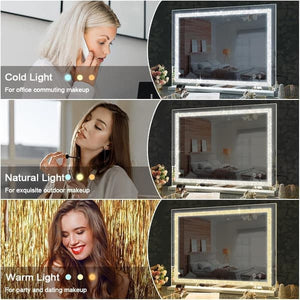 Fenchiliin Large Hollywood Makeup Mirror with Lights and Crystal Finish, White 80x58 cm