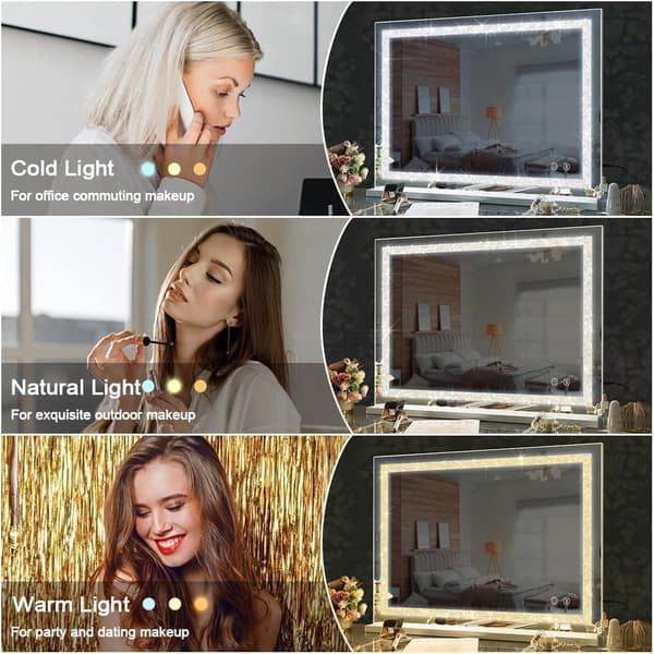 Fenchiliin Large Hollywood Makeup Mirror with Lights and Crystal Finish, White 80x58 cm