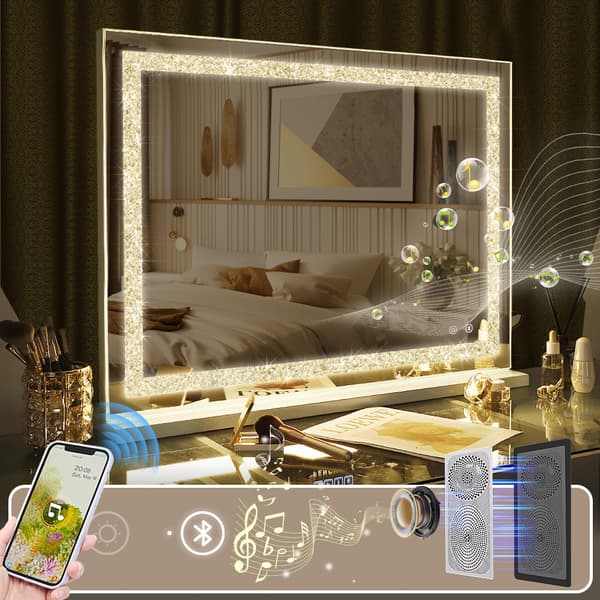 Fenchiliin Large Hollywood Makeup Mirror with Lights and Crystal Finish, White 80x58 cm