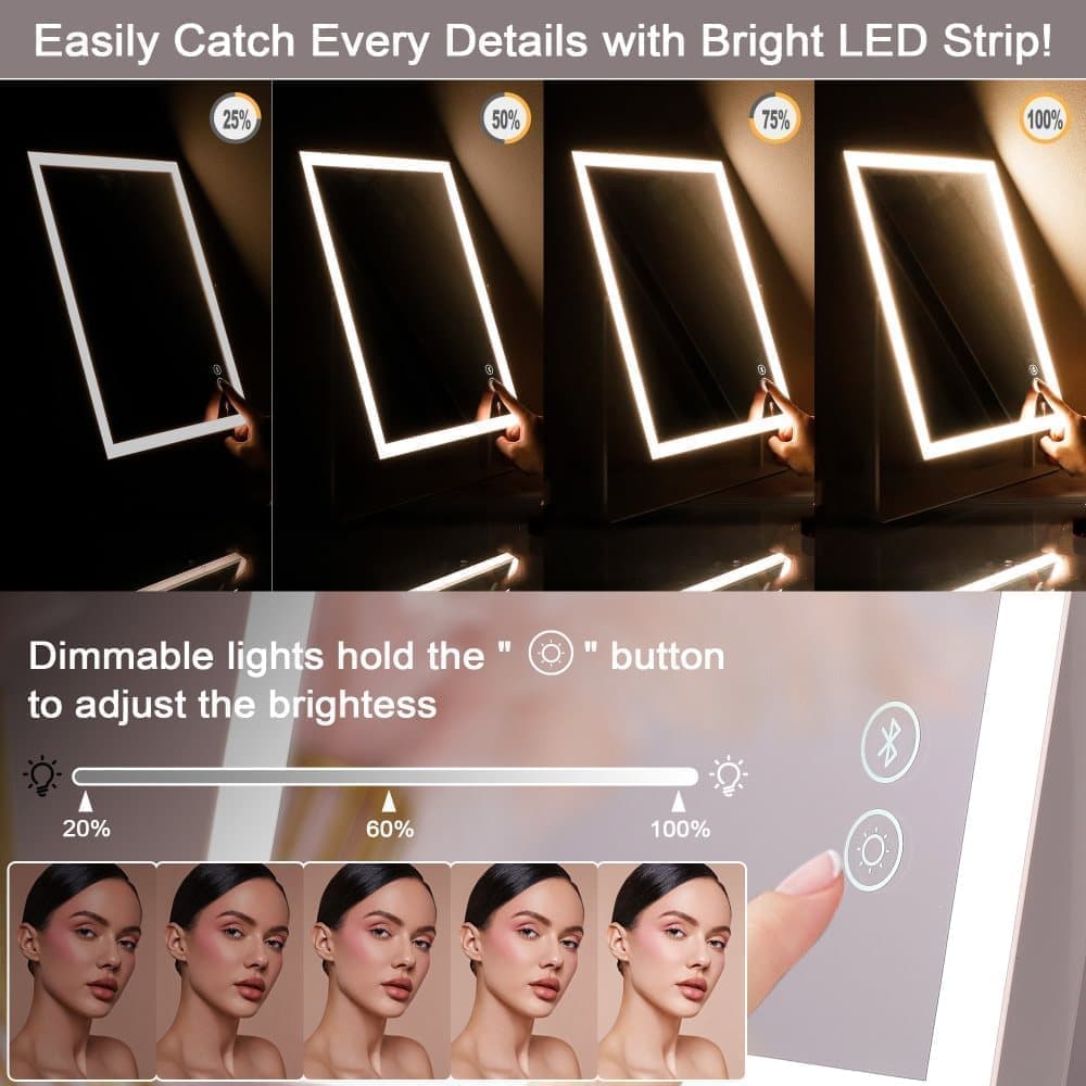 Fenchilin Hollywood makeup mirror with lighting, Bluetooth, 360° rotatable tabletop mirror, white, 30 × 41cm