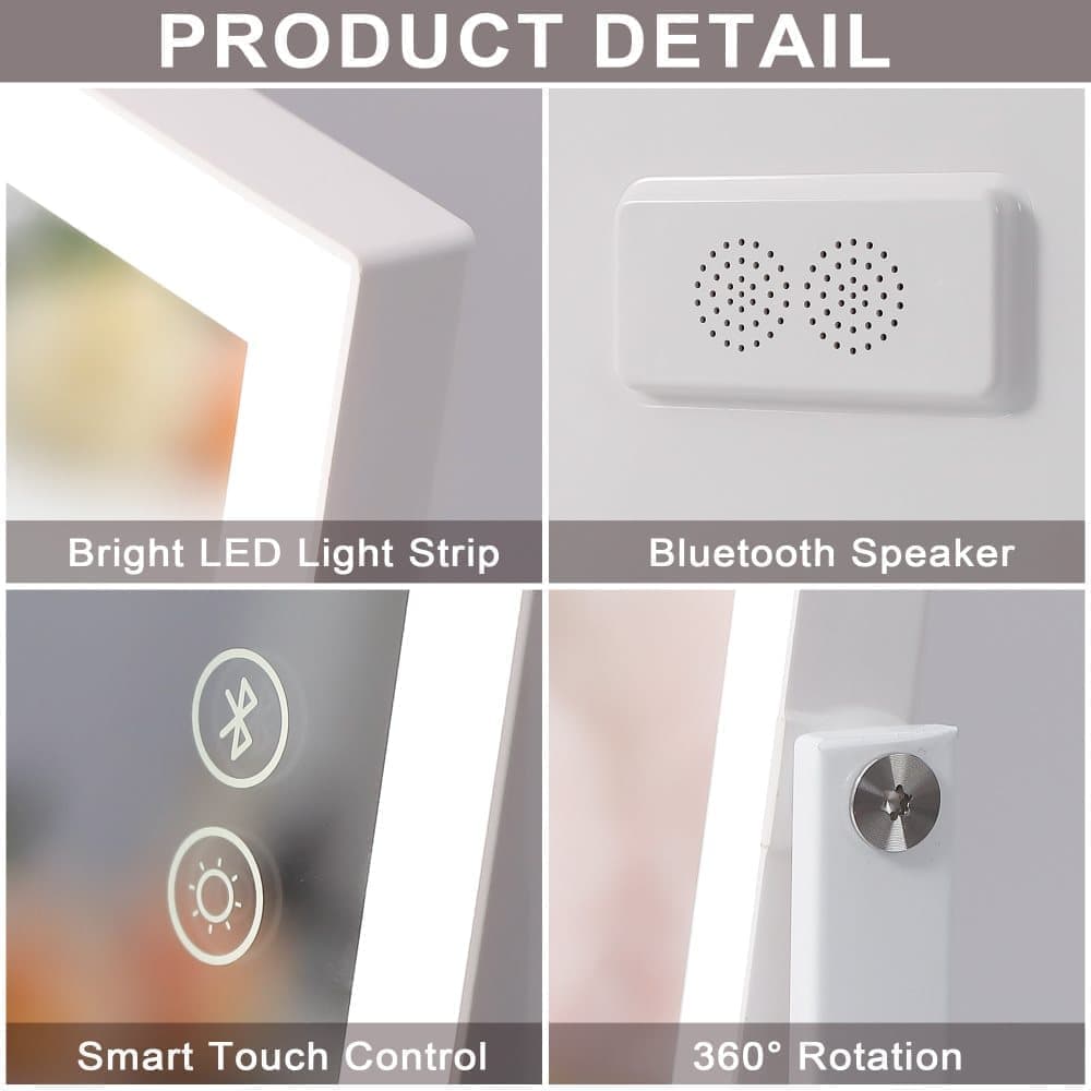 Fenchilin Hollywood makeup mirror with lighting, Bluetooth, 360° rotatable tabletop mirror, white, 30 × 41cm