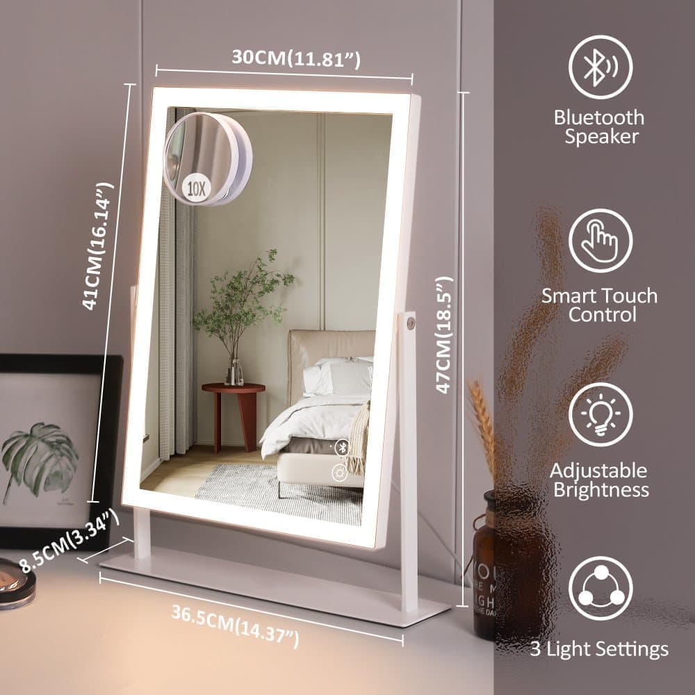 Fenchilin Hollywood makeup mirror with lighting, Bluetooth, 360° rotatable tabletop mirror, white, 30 × 41cm