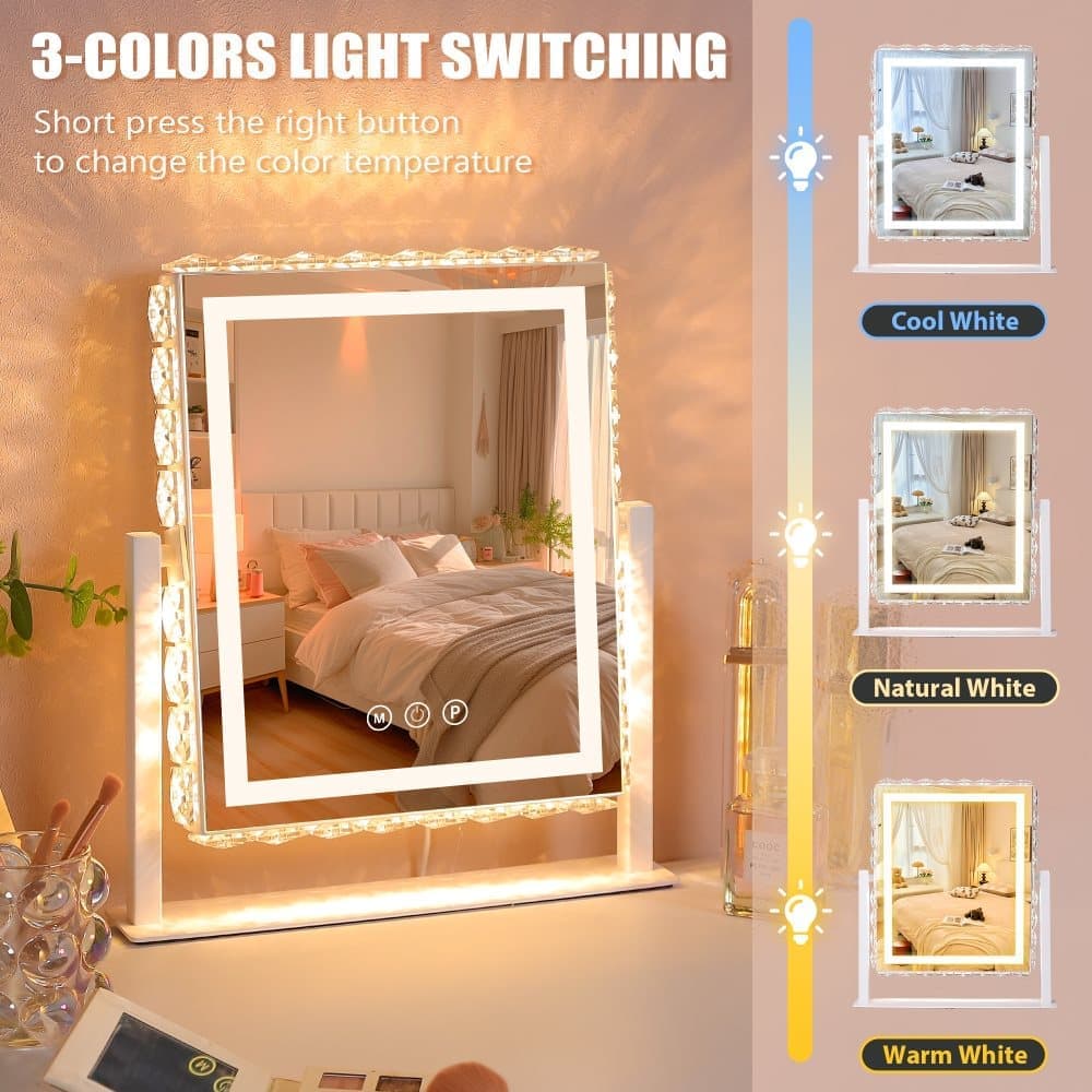 Fenchilin Hollywood Makeup Mirror with Lights and Sparkling Crystal Embellishment, White 25 x 30cm