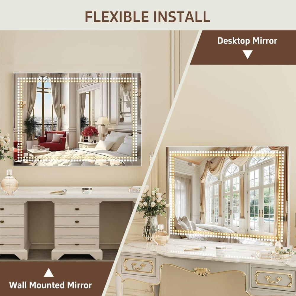 Fenchilin Large Mirror Hollywood Makeup Mirror with Lighting, USB, Countertop and Wall Mount, 80 x 58 cm