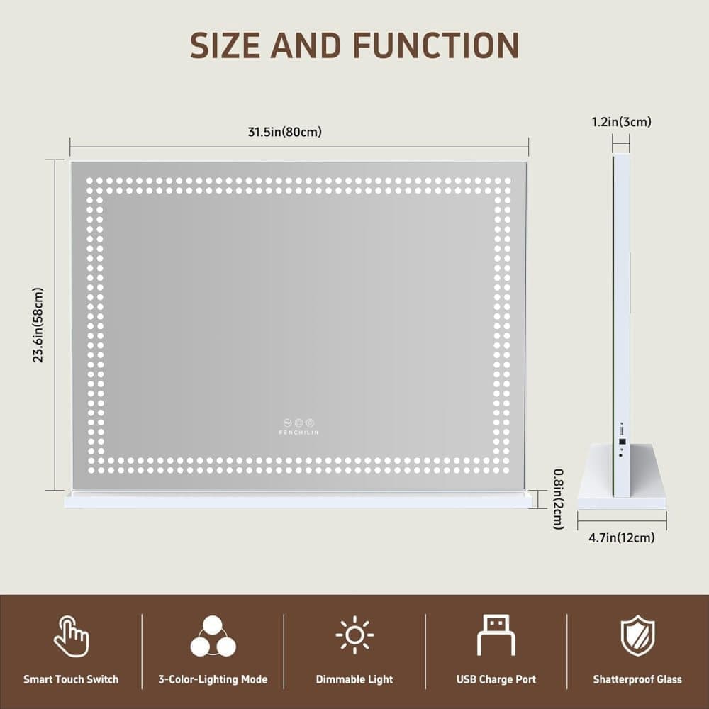 Fenchilin Large Mirror Hollywood Makeup Mirror with Lighting, USB, Countertop and Wall Mount, 80 x 58 cm
