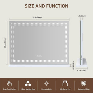 Fenchilin Large Mirror Hollywood Makeup Mirror with Lighting, USB, Countertop and Wall Mount, 80 x 58 cm
