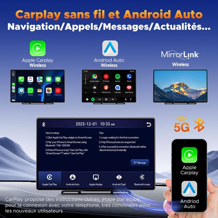 Campark 9'' Wireless Carplay Car Radio with Apple CarPlay and Android Auto