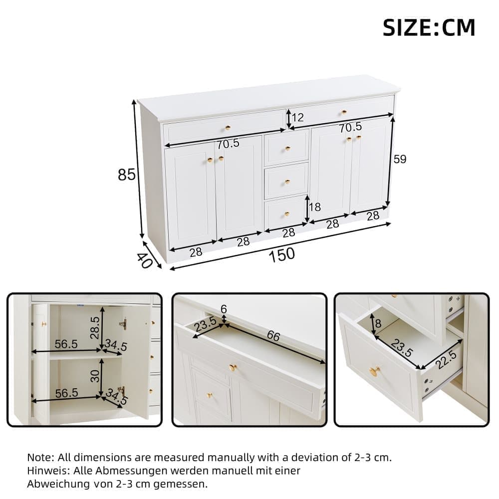 Sideboard with 5 Drawers and 4 Doors 150x40x85cm, White MDF Cabinet