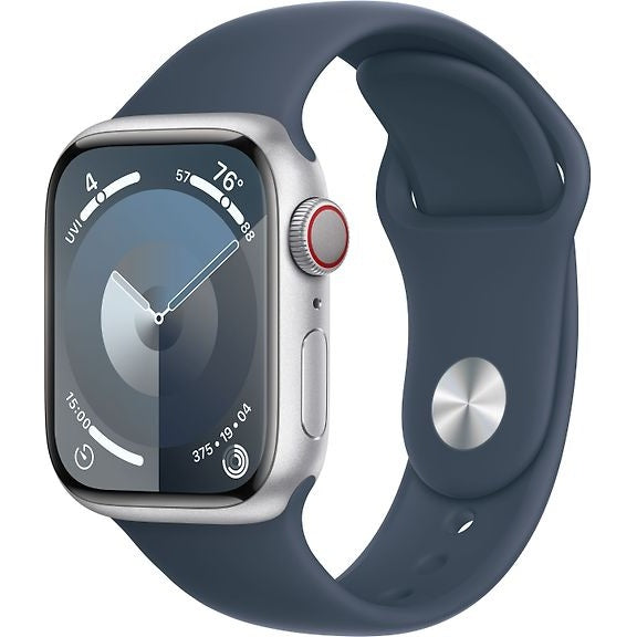 Apple Watch Series 9 GPS+Cell 41mm Silver Aluminum Case, Blue Sport Band, S/M