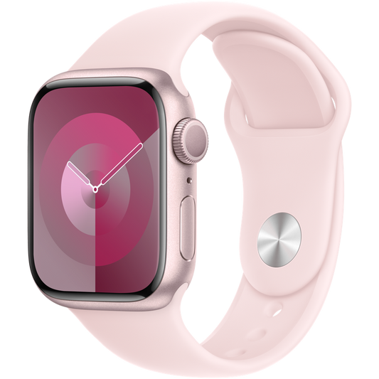 Apple Watch Series 9 (GPS) 41mm vaaleanpunainen alumiinikotelo vaaleanpunaisella urheilunauhalla, S/M (MR933)