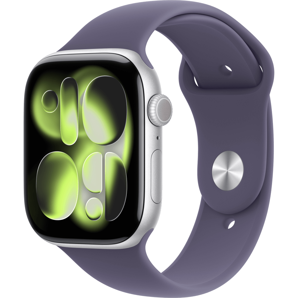 Apple Watch Series 11 (GPS, 46 mm) hopeanvärinen/sumuvioletti urheiluranneke, M/L