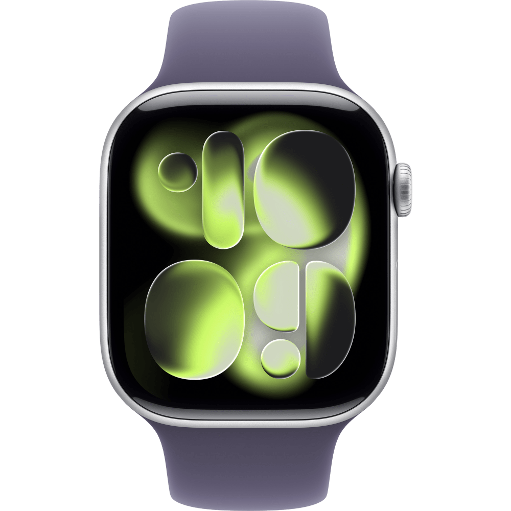 Apple Watch Series 11 (GPS, 46 mm) hopeanvärinen/sumuvioletti urheiluranneke, M/L