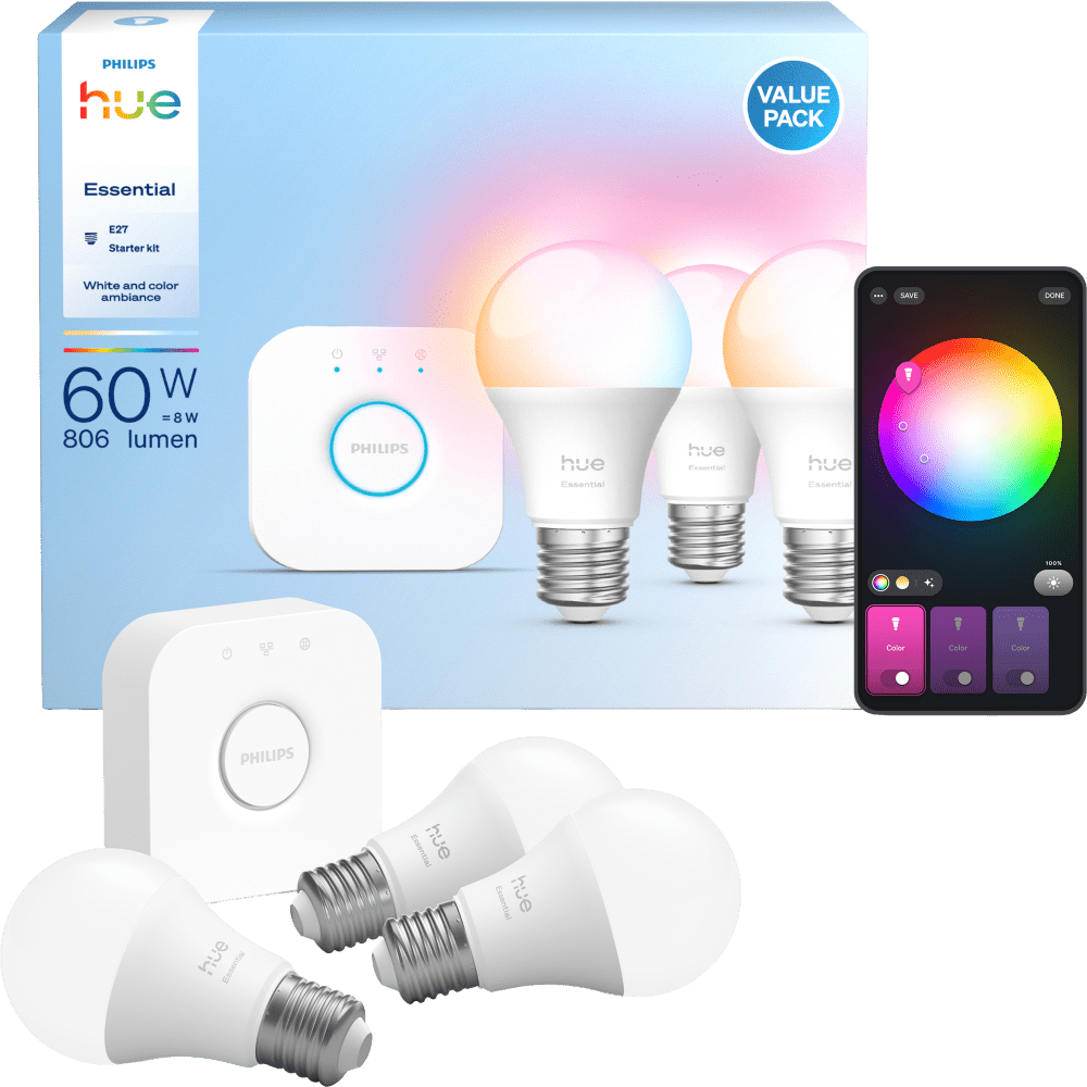 Philips Hue Essential White and Color Ambiance E27 Smart Bulb, 3 pcs + Bridge