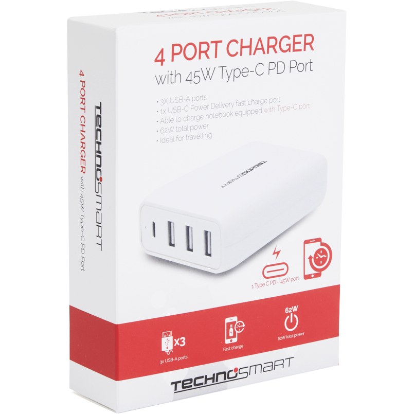 TechnoSmart 4-Port Fast Charger PD QC3.0