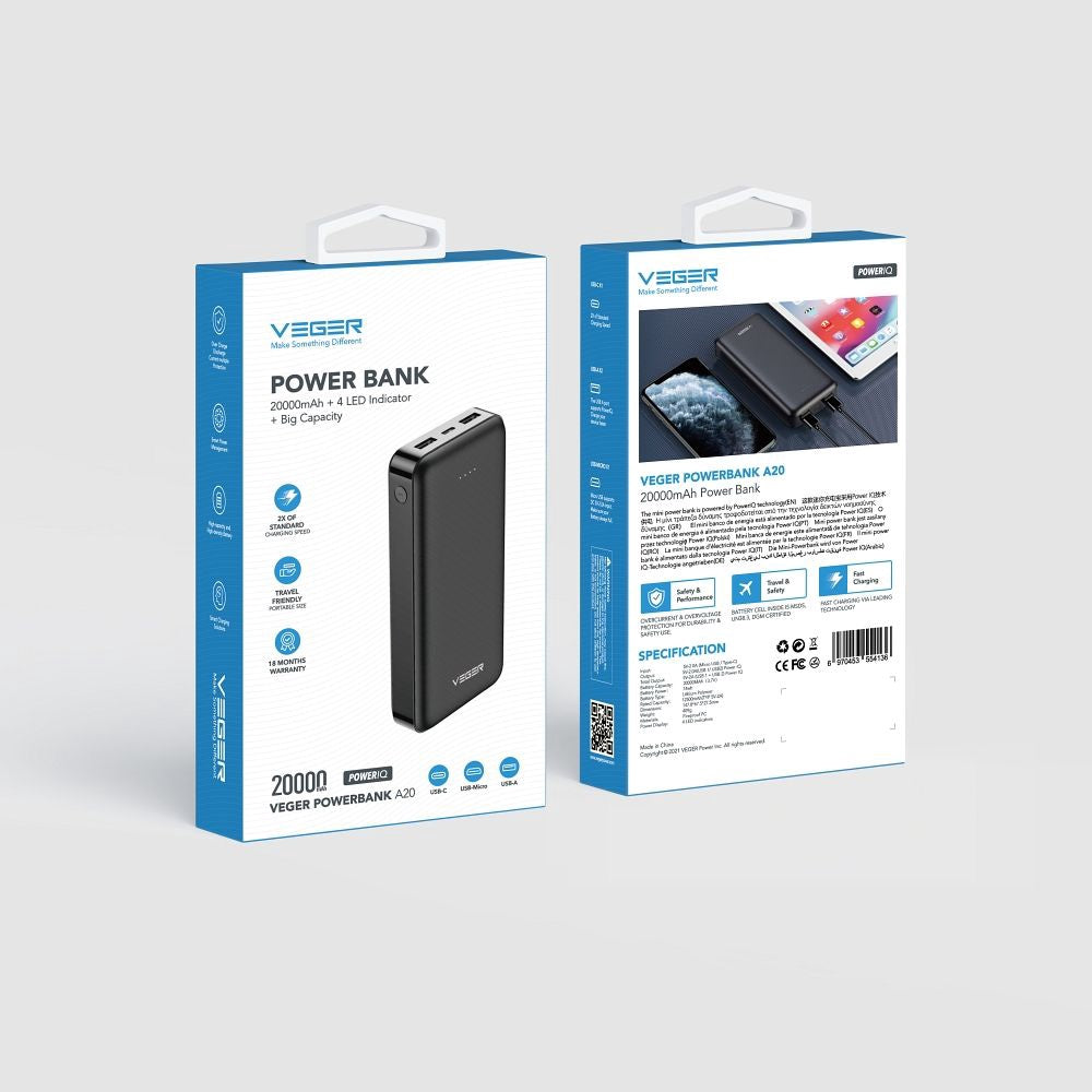 Power bank Veger A20, 20000 mAh, black