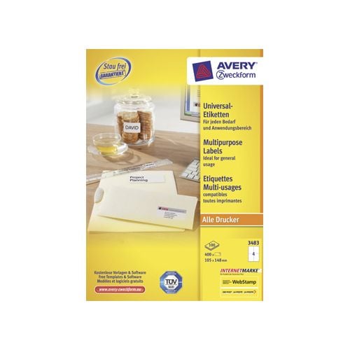 Avery Zweckform 3483 Universal Labels, Ultragrip, White, 105 x 148mm, A4 400 Labels