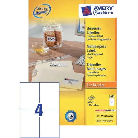 Avery Zweckform 3483 Universal Labels, Ultragrip, White, 105 x 148mm, A4 400 Labels