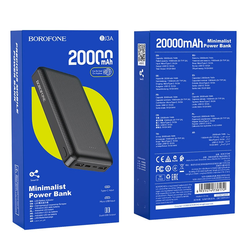 Power bank Borofone BJ3A Minimalist, 20000 mAh, 74 W, black