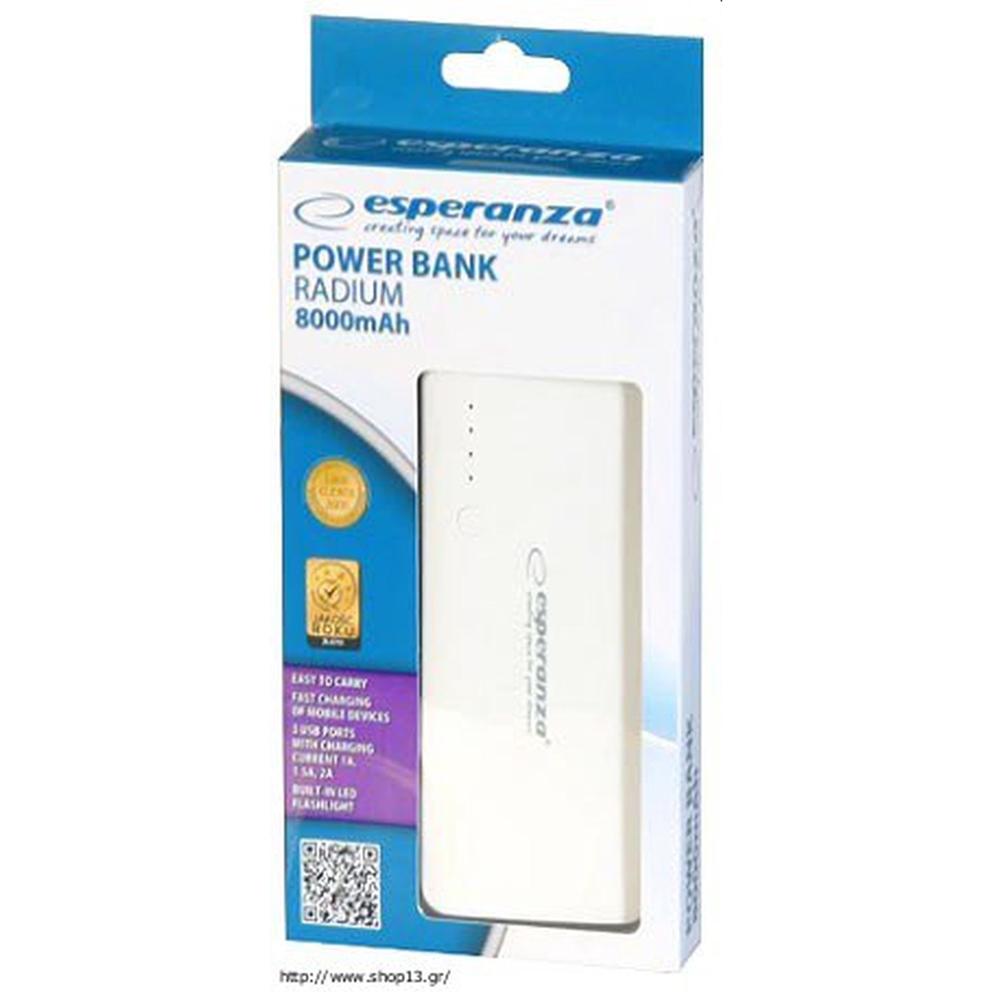 Power bank Esperanza Radium, 8000 mAh, white/grey