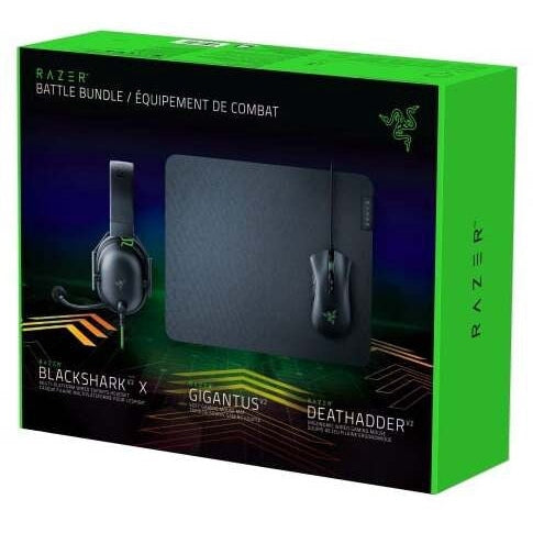 Razer DeathAdder Battle Bundle Gaming Set DEATHADDER V2 BLACK + GIGANTUS V2 M + BLACKSHARK V2 X , Black/Green