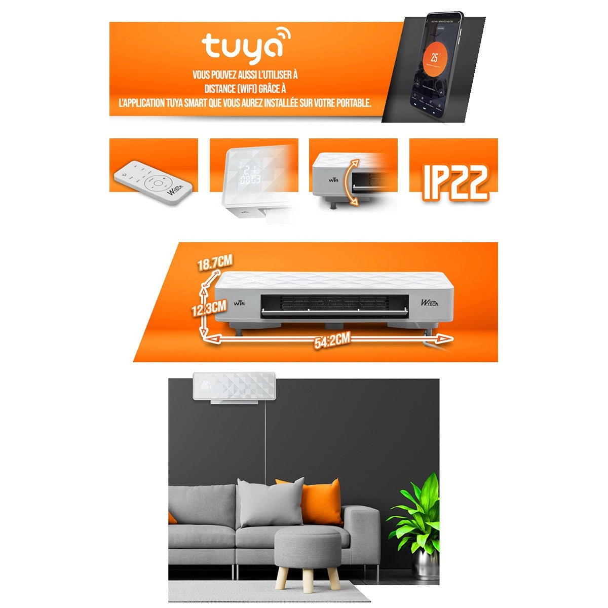 Warmtech Electric heater WiFi, 2 kW