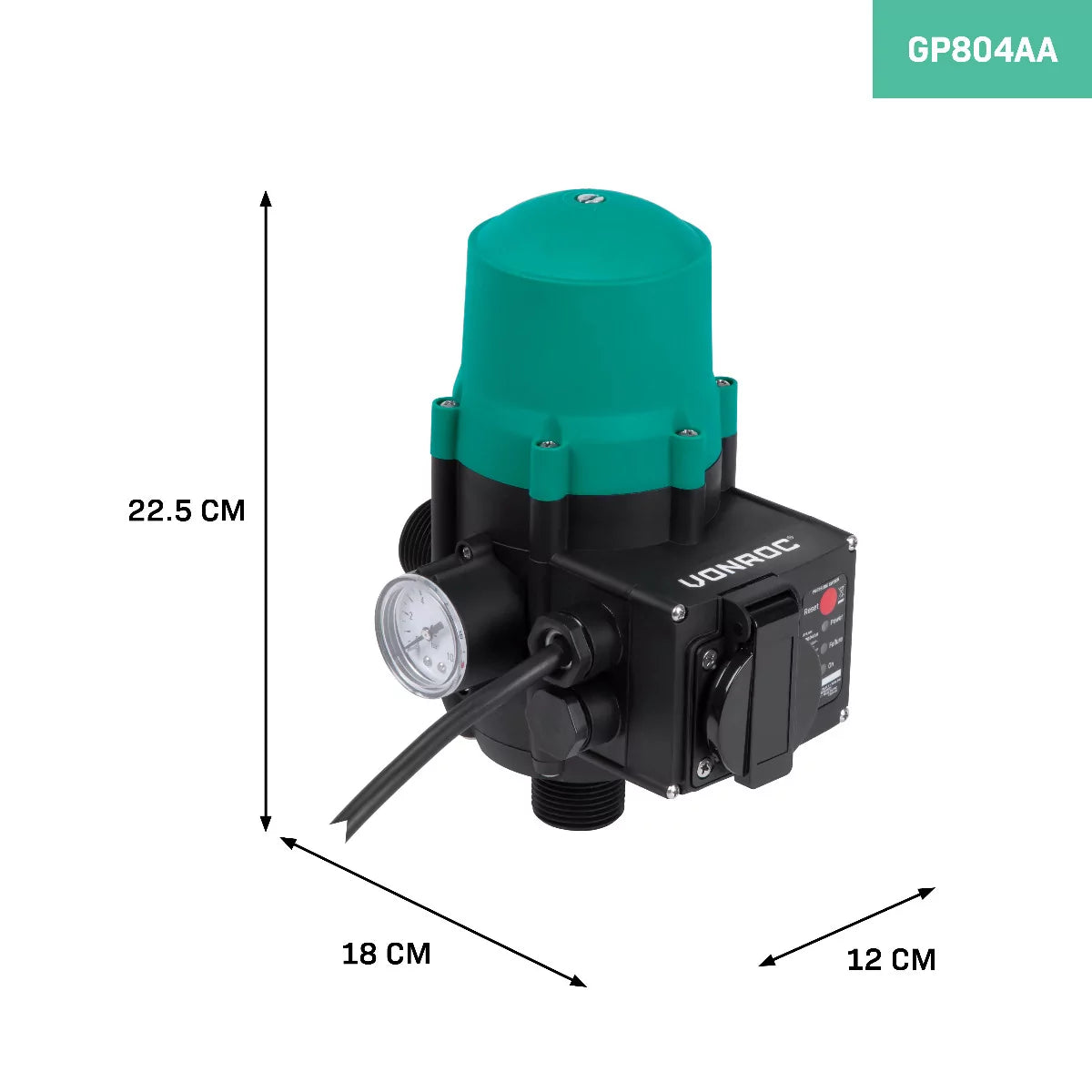 Vonroc Pressure Switch for Home and Garden, Plug & Play, Max. 1100W