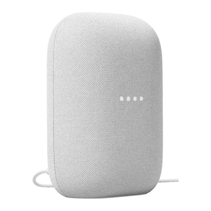 White smart speaker with a power indicator on a white background
